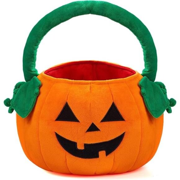 Halloween pumpkin plush tote bucket measuring 11 x 13.4 inches, designed - Picture 2 of 8